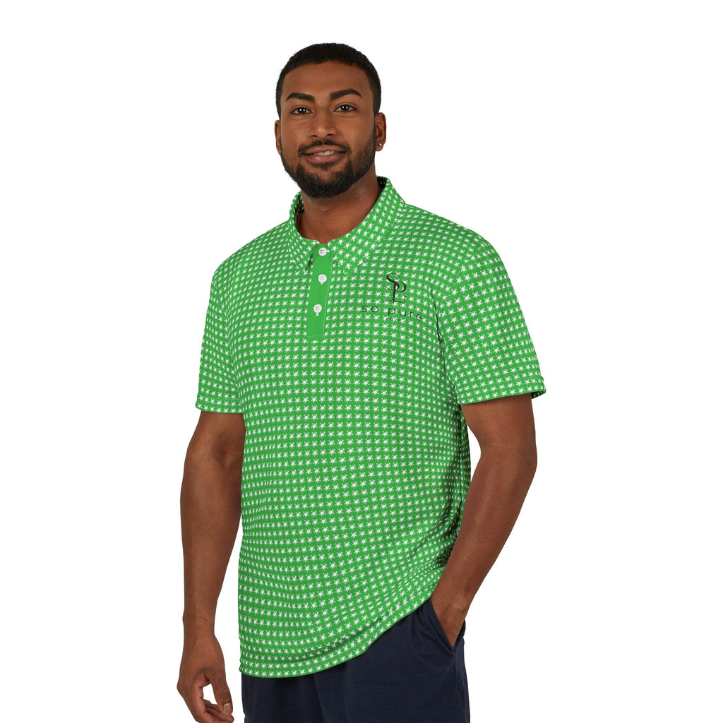 Green Geometric Polo Shirt — All-Over Print Casual Golf Polo